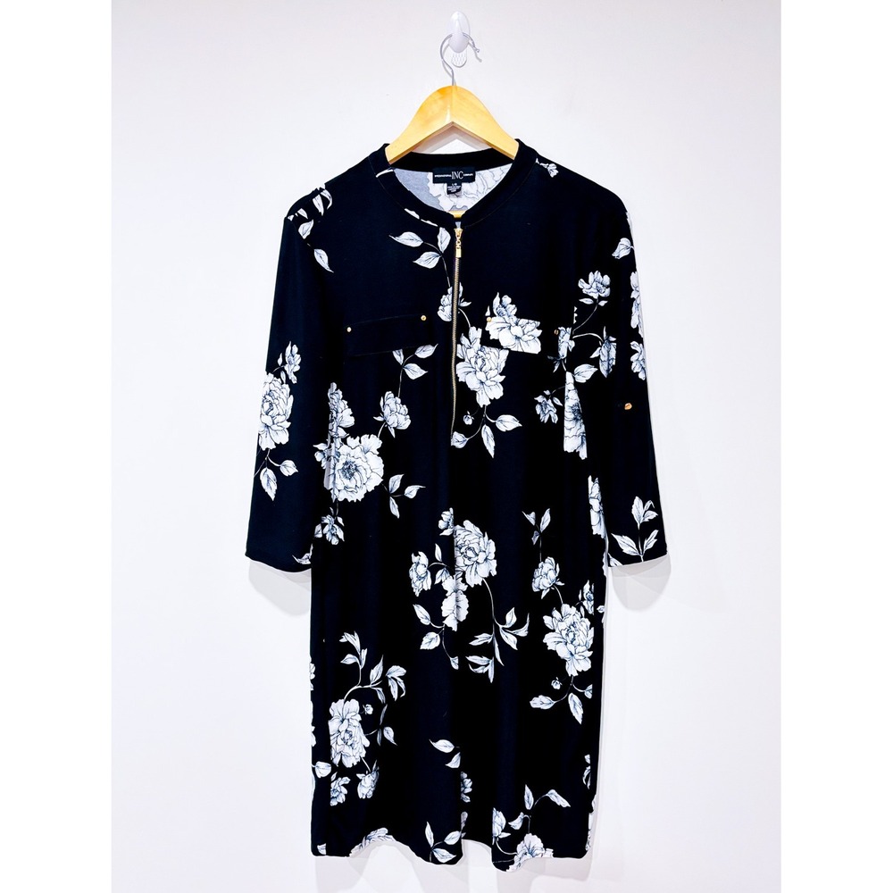 INC INTERNATIONAL CONCEPTS Black floral shift dress | Zip front modern | Large